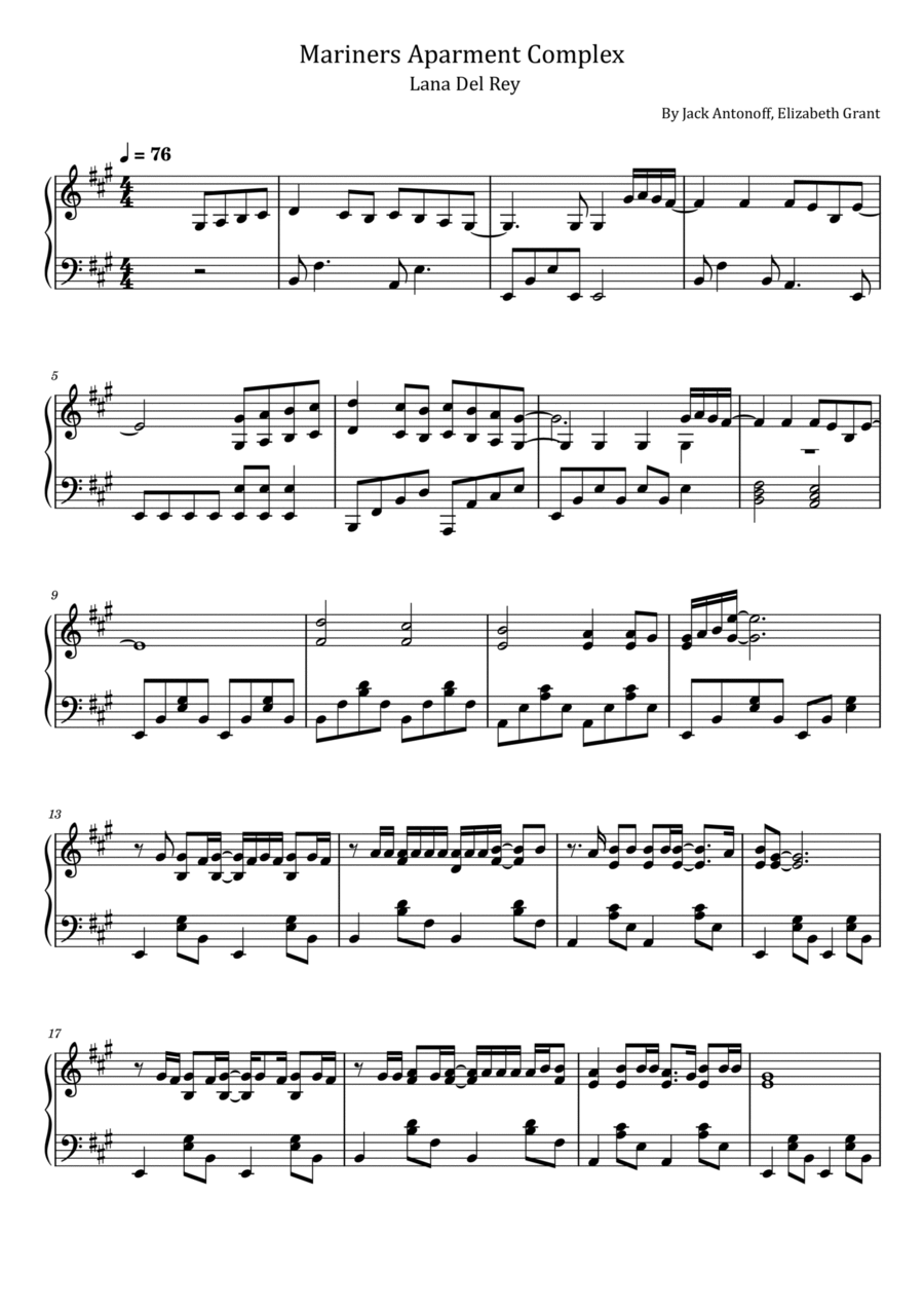 Mariner's Apartment Complex Piano Solo scores gallery preview page 1