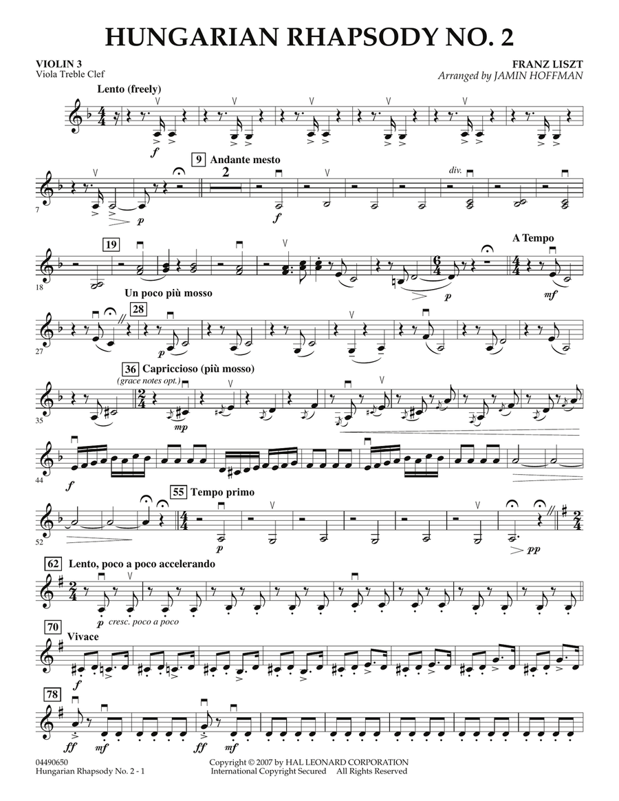 Hungarian Rhapsody No. 2 - Violin 3 (Viola Treble Clef) Orchestra scores gallery preview page 1