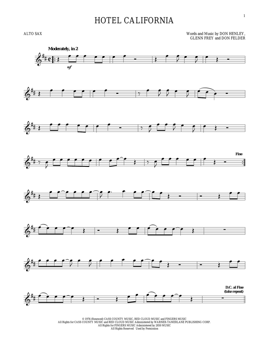 Hotel California Alto Saxophone scores gallery preview page 1