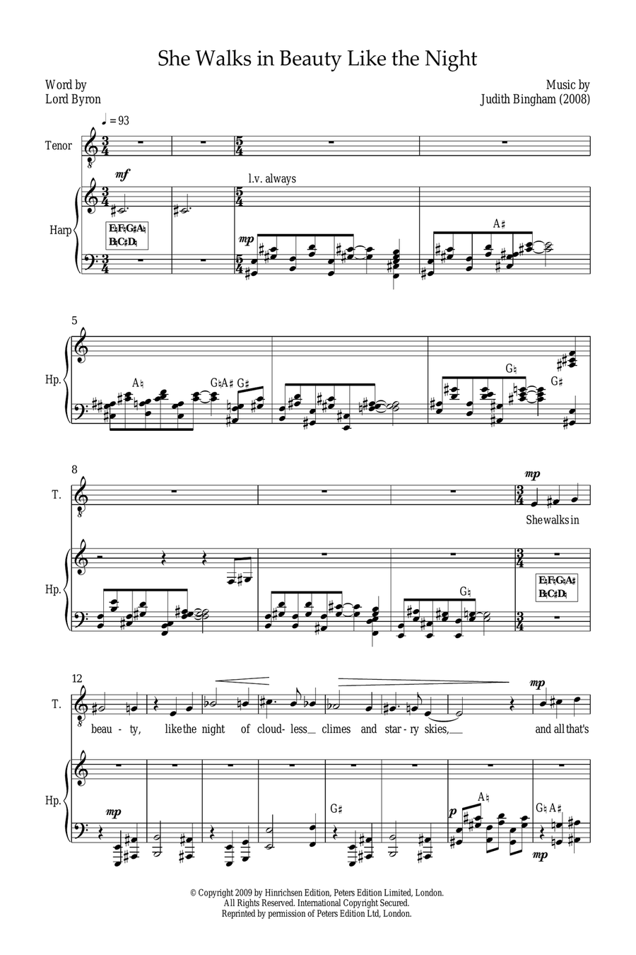She walks in beauty like the night (for tenor and harp) Piano, Vocal scores gallery preview page 1