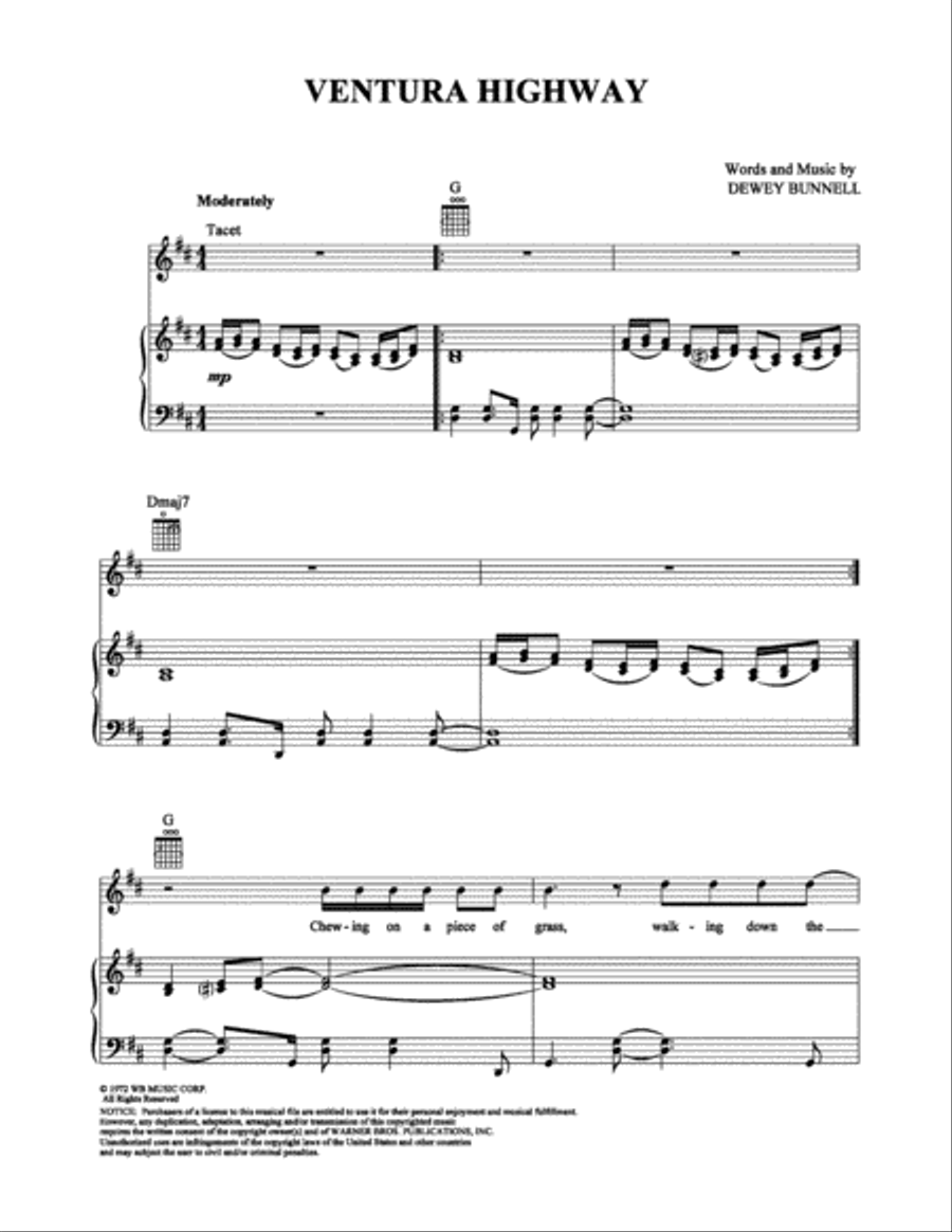 Ventura Highway Piano, Vocal, Guitar scores gallery preview page 1