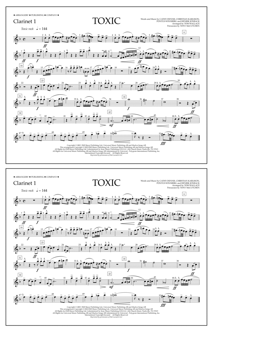 Toxic (arr. Tom Wallace) - Clarinet 1 Marching Band scores gallery preview page 1