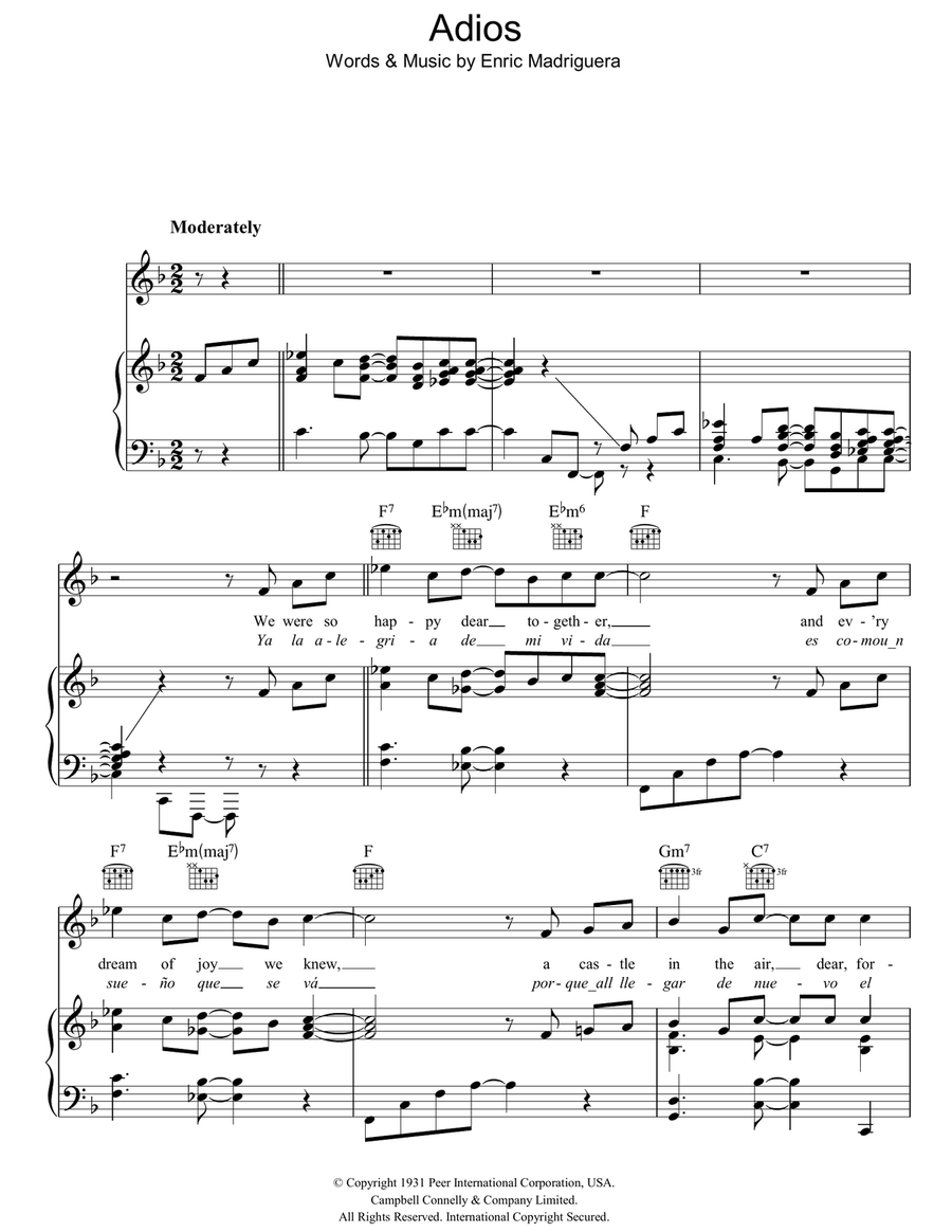Adios Piano, Vocal, Guitar scores gallery preview page 1