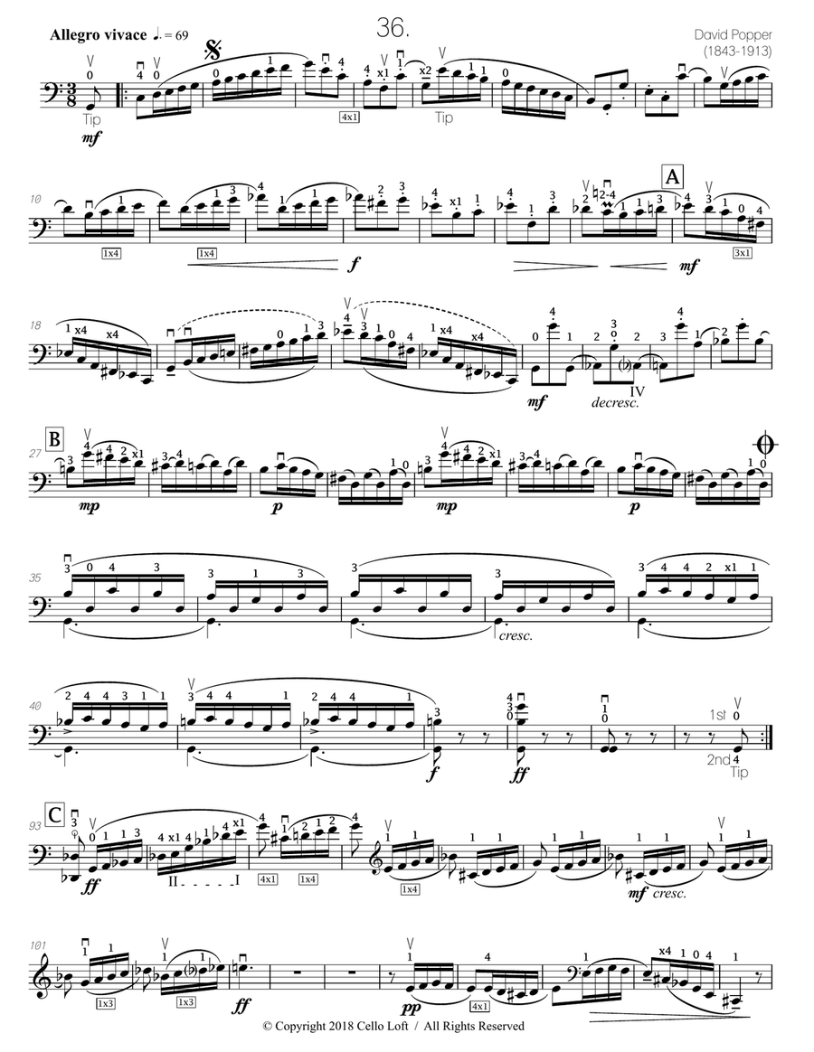 Popper (arr. Richard Aaron): Op. 73, Etude #36 Cello Solo scores gallery preview page 2