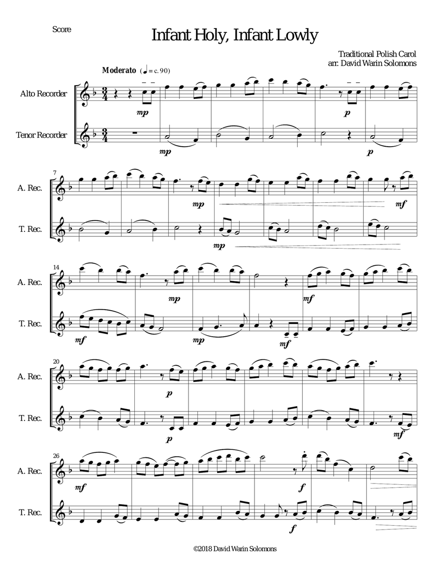 Infant Holy, Infant Lowly (W Żlobie Leży) for alto and tenor recorder