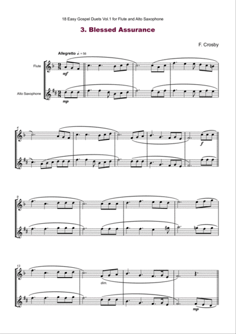 18 Easy Gospel Duets Vol.1 for Flute and Alto Saxophone Woodwind Duet scores gallery preview page 5