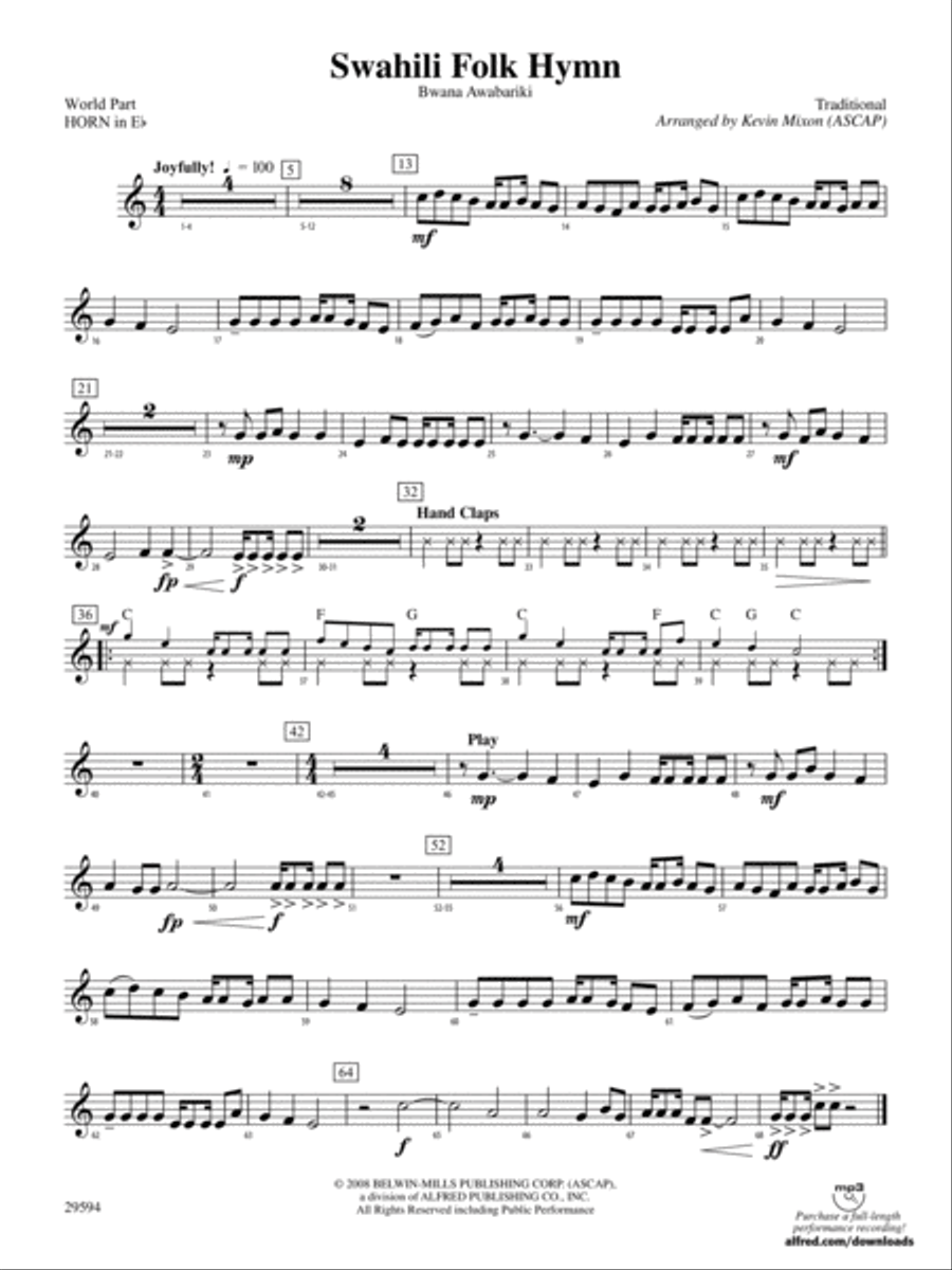 Swahili Folk Hymn (Bwana Awabariki): (World Part) 1st Horn in E-flat Concert Band scores gallery preview page 1