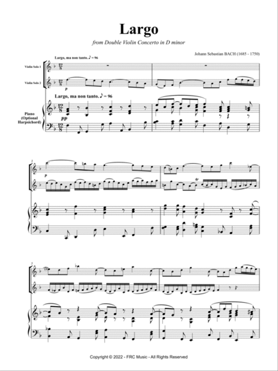 J. S. Bach: Largo from Double Violin Concerto in D minor (for 2 violins and Piano Accompaniment) String Duet scores gallery preview page 3