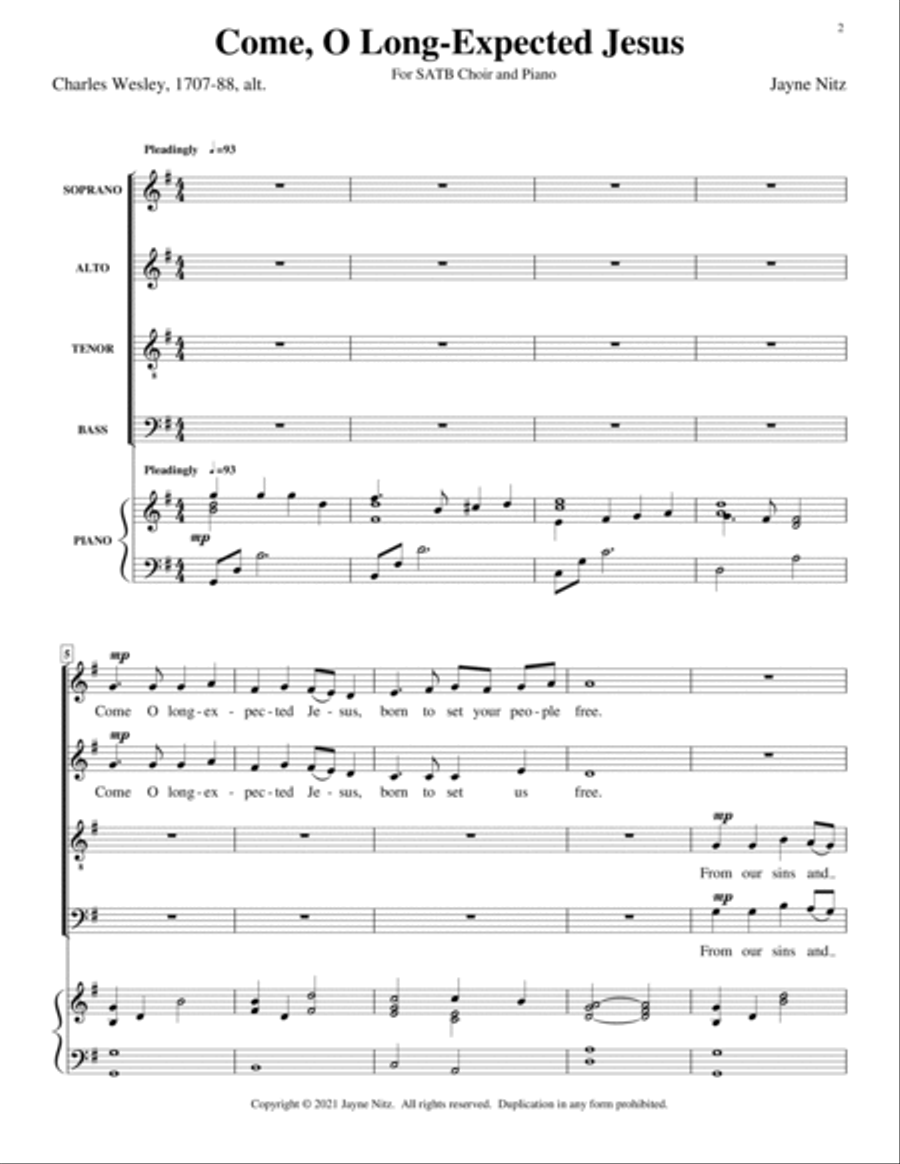 Come, O Long-Expected Jesus 4-Part scores gallery preview page 2
