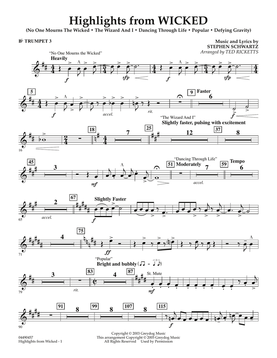 Highlights from Wicked - Bb Trumpet 3 Full Orchestra scores gallery preview page 1