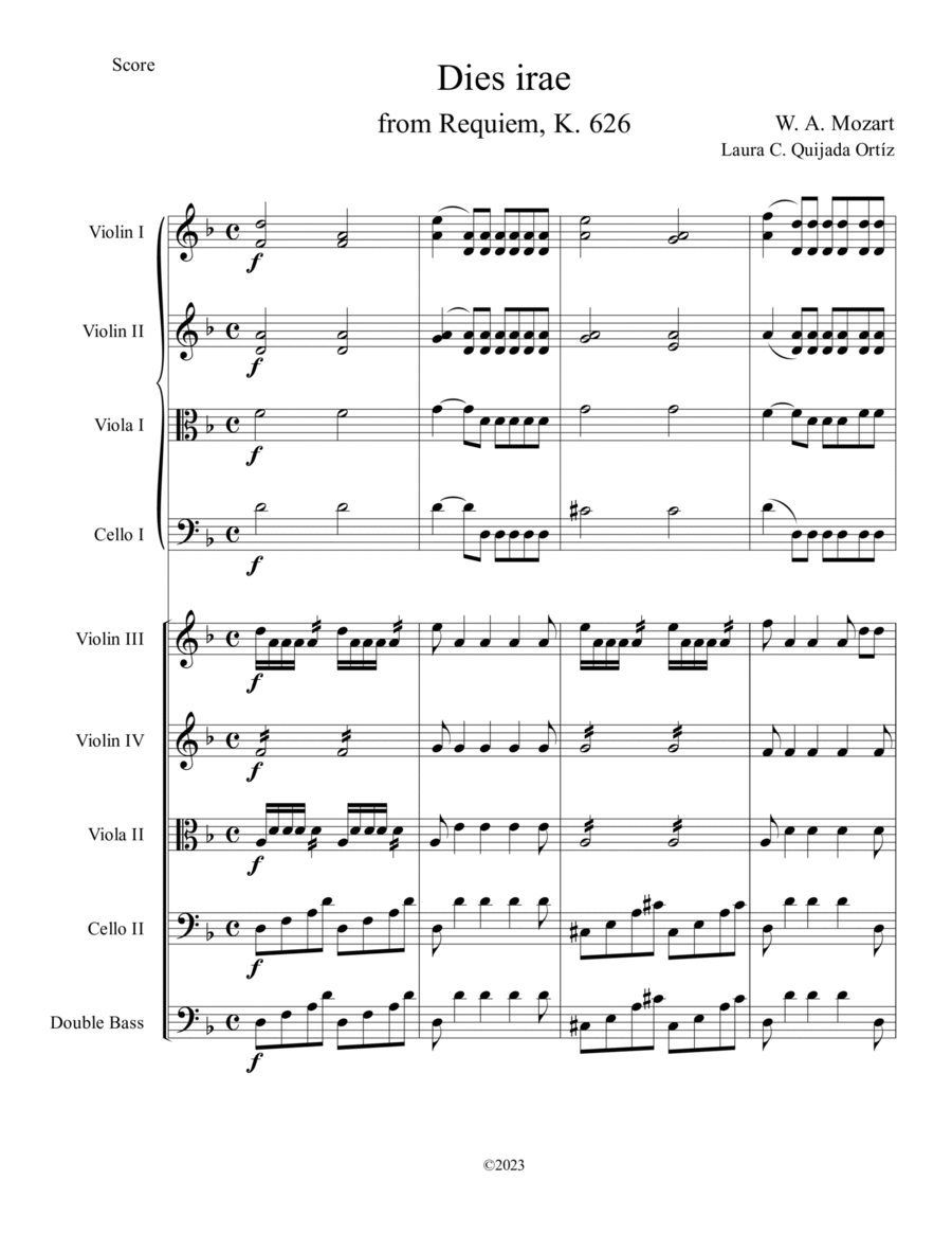 Dies irae, from W. A. Mozart's Requiem. Double string orchestra. Score & parts. String Orchestra scores gallery preview page 1