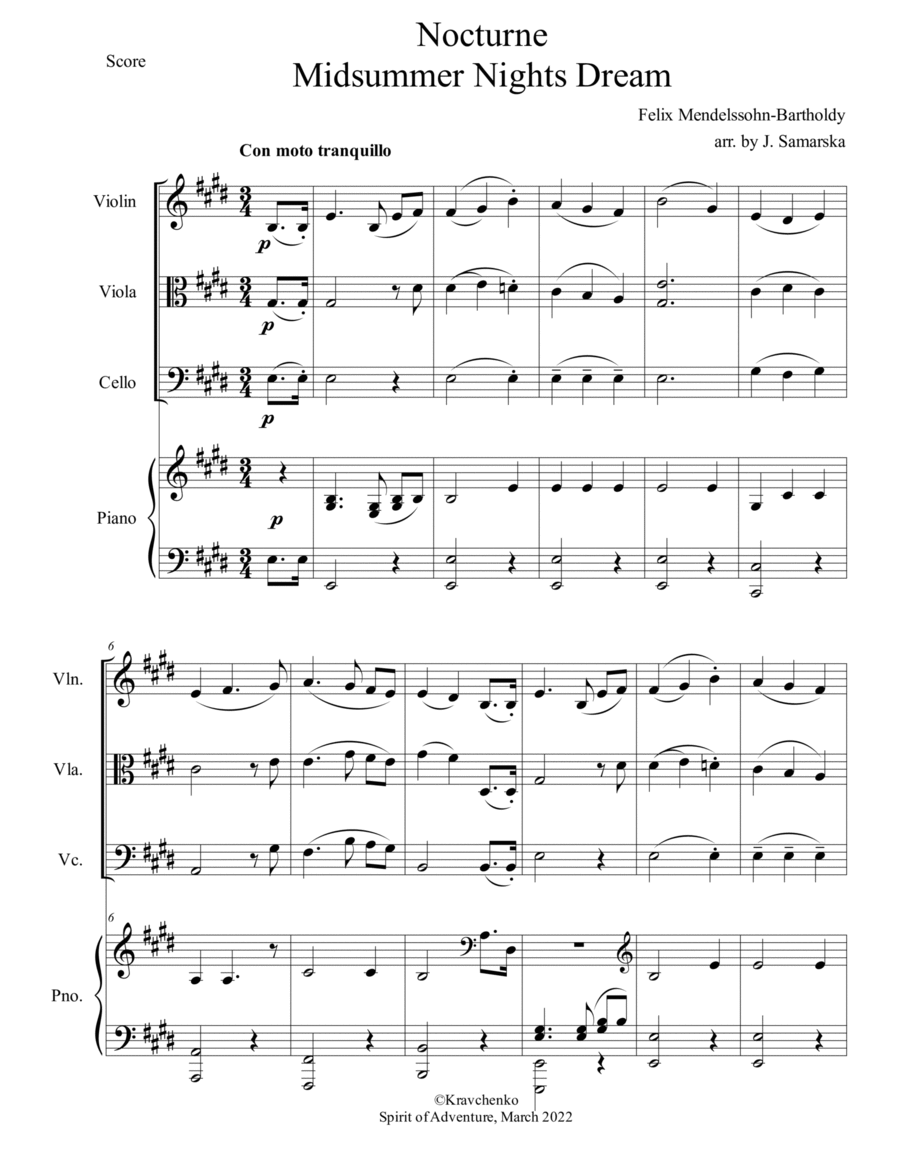 Felix Mendelssohn - Nocturne (from A Midsummer Night's Dream) arr. for piano quartet (score and part Piano Quartet scores gallery preview page 1