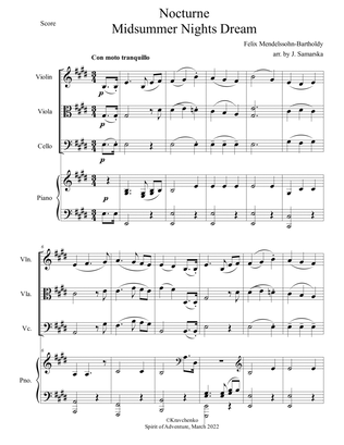 Felix Mendelssohn - Nocturne (from A Midsummer Night's Dream) arr. for piano quartet (score and part