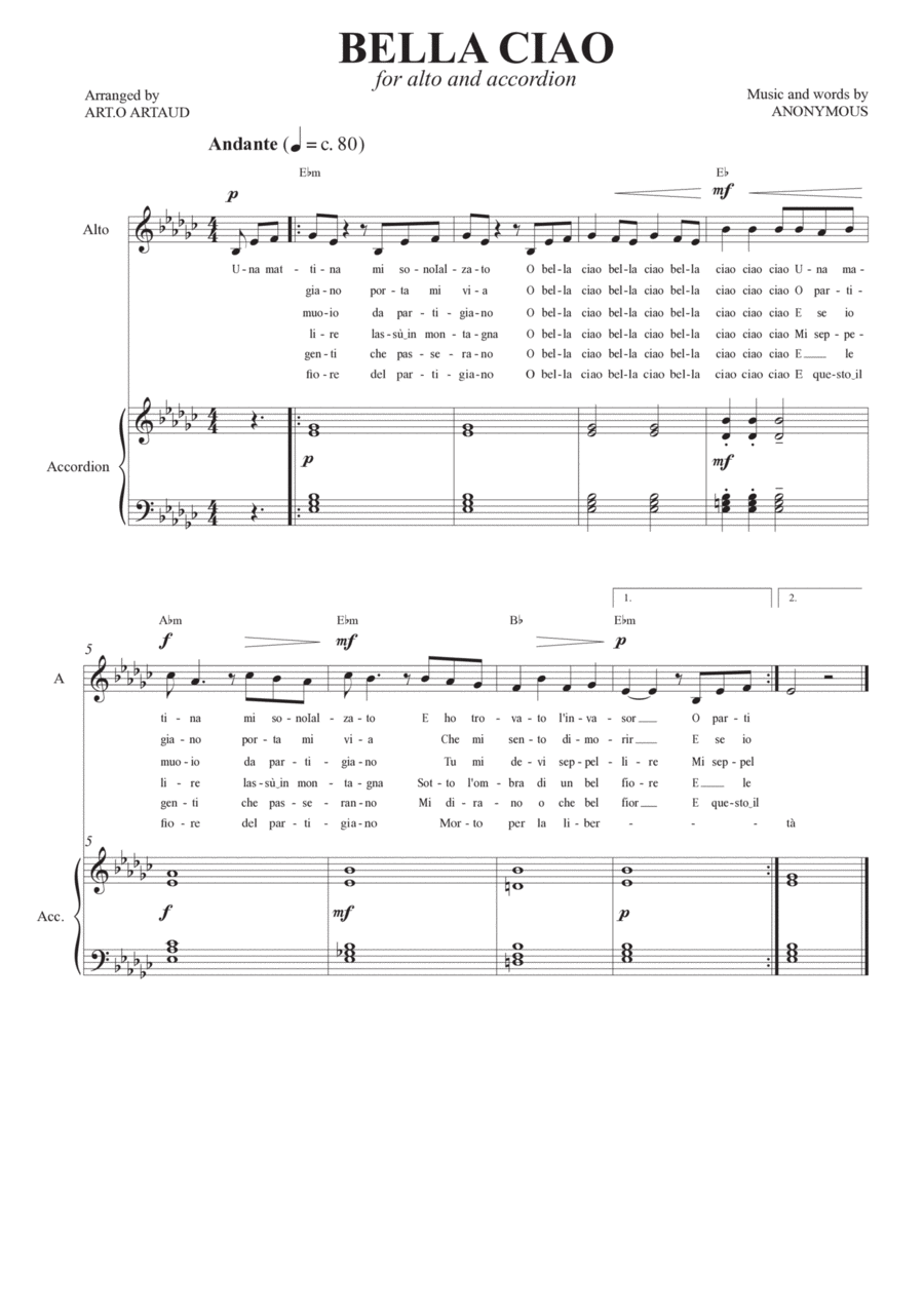 Bella Ciao Alto Voice scores gallery preview page 1