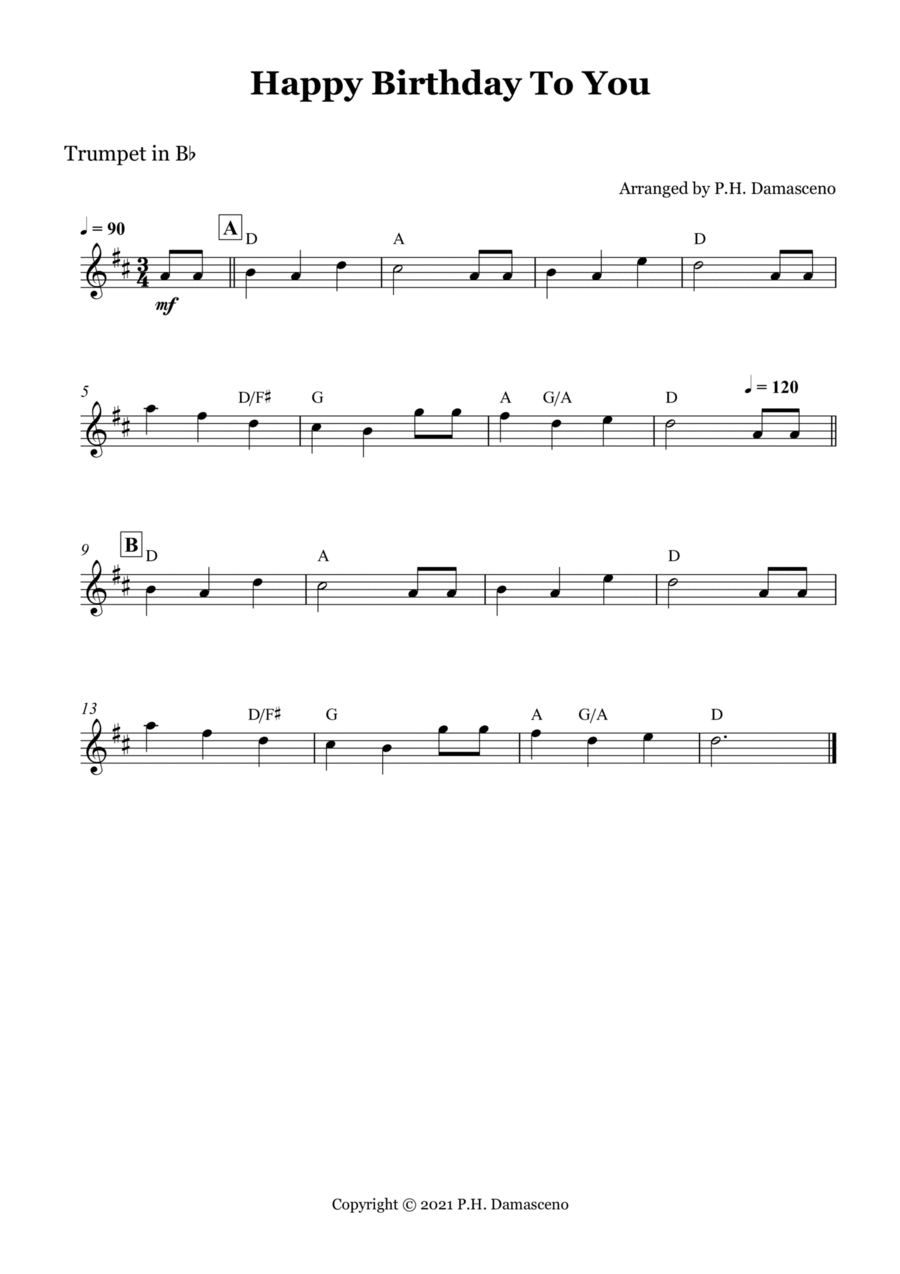 Happy Birthday To You - Trumpet in Bb Solo with Chords B-Flat Trumpet scores gallery preview page 1