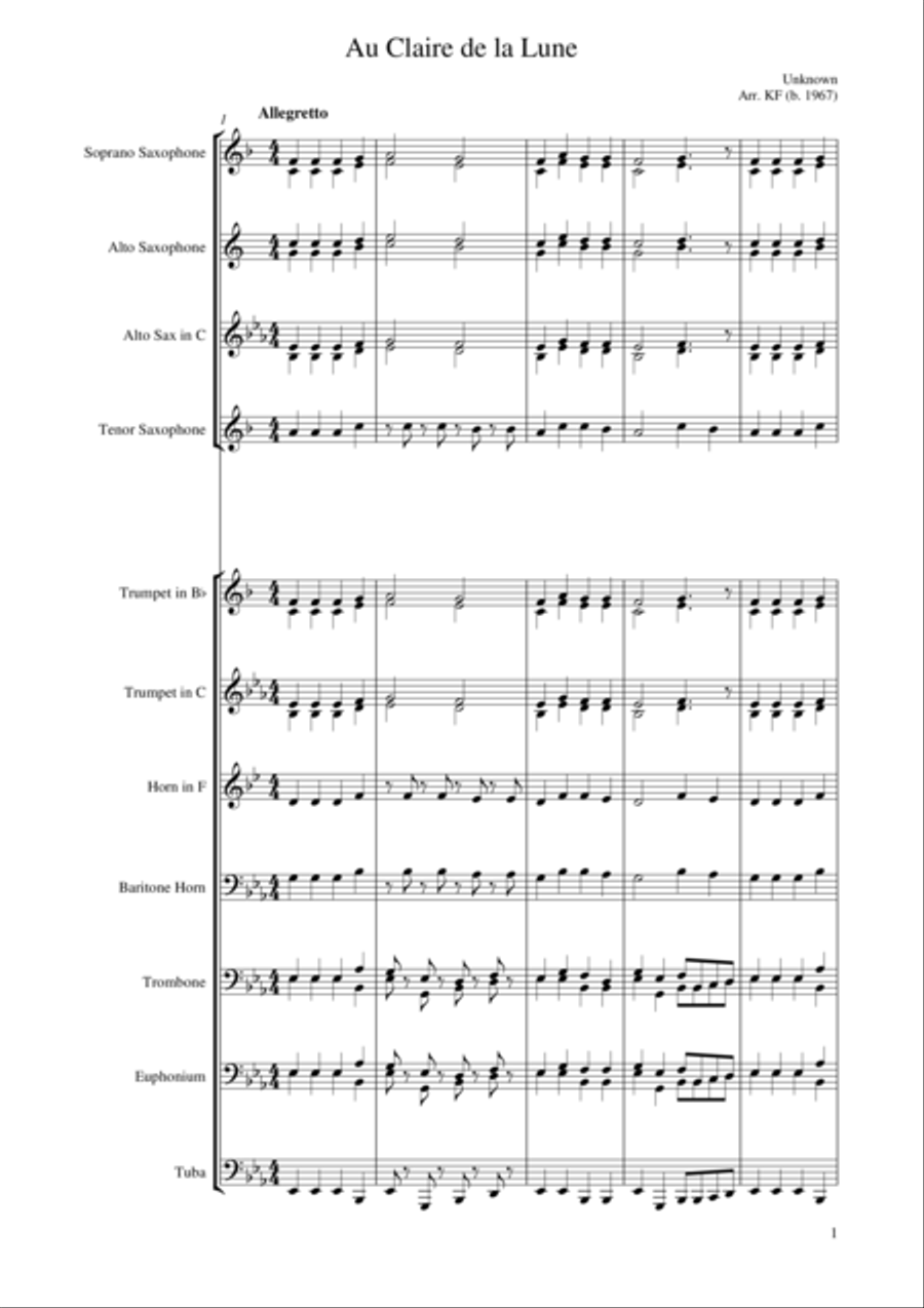 Au Claire de la lune Brass Ensemble scores gallery preview page 1