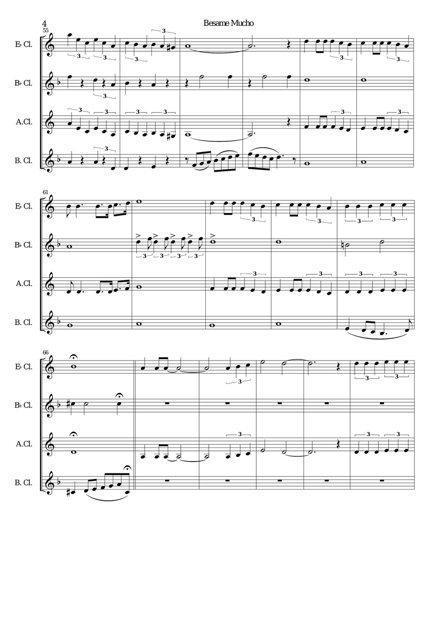 Besame Mucho (Kiss Me Much) Clarinet Quartet scores gallery preview page 4