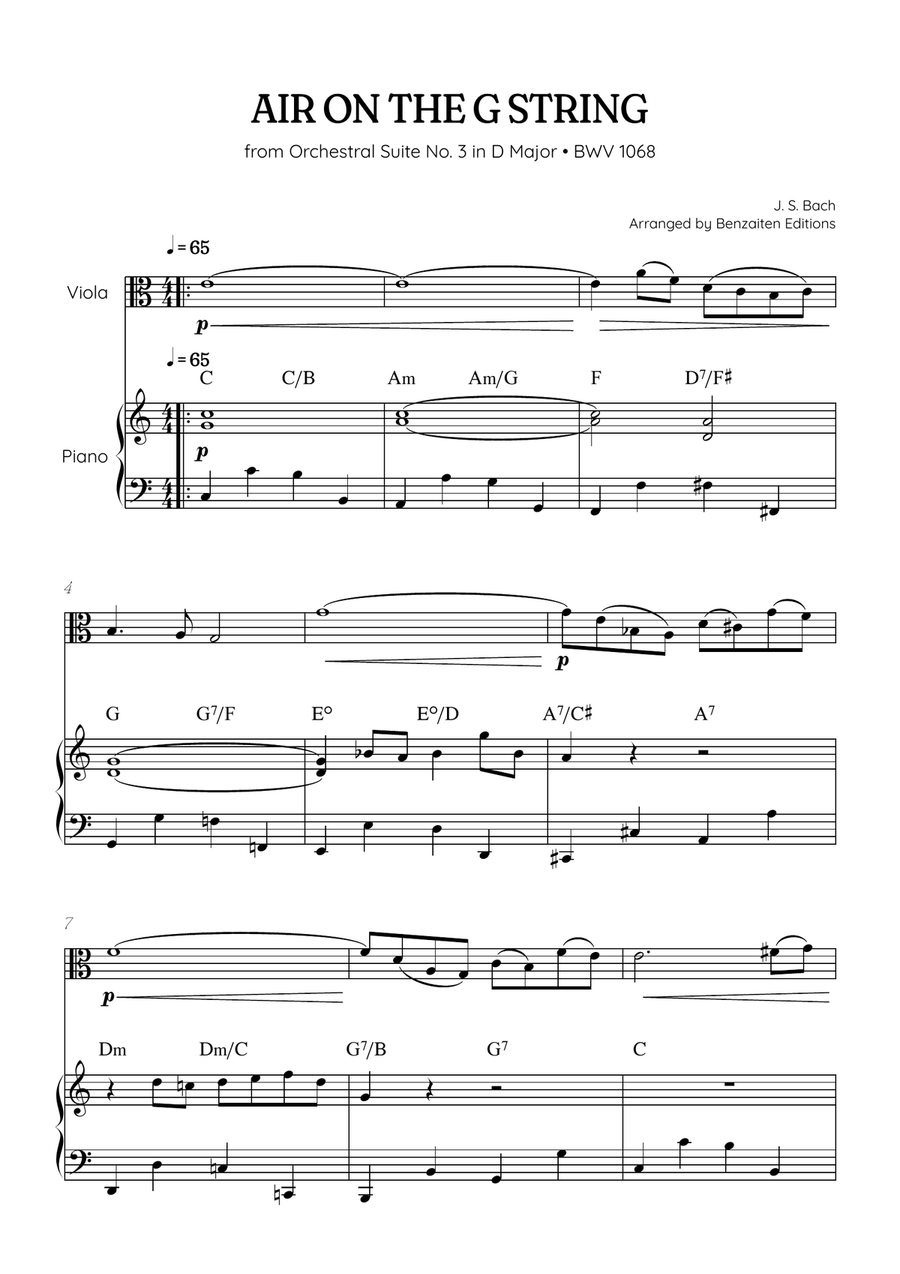 JS Bach • Air on the G String from Suite No. 3 BWV 1068 | viola & piano sheet music w/ chords Viola scores gallery preview page 1