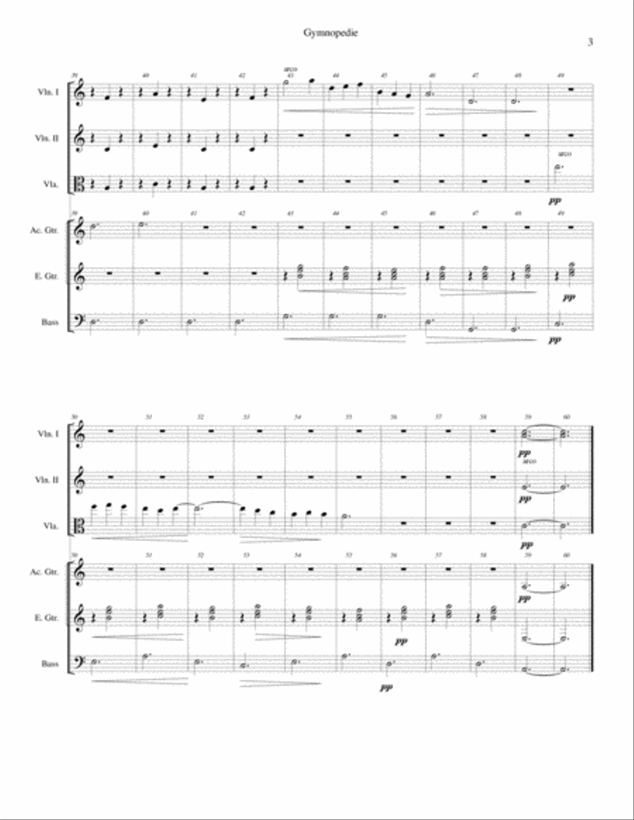 Gymnopedie No. 3: arranged for violins, viola, acoustic guitar, electric guitar and bass guitar Small Ensemble scores gallery preview page 4