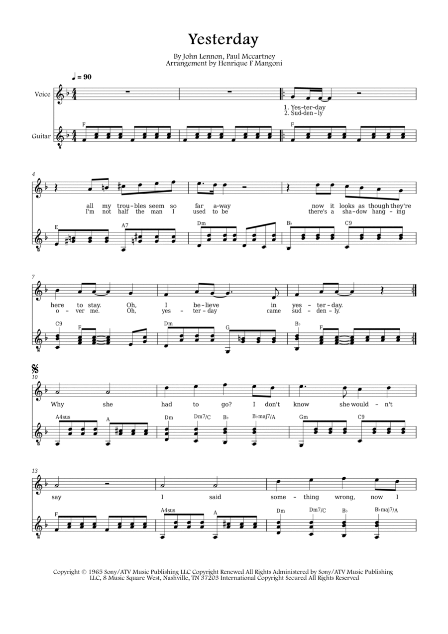 Yesterday Piano, Vocal, Guitar scores gallery preview page 1