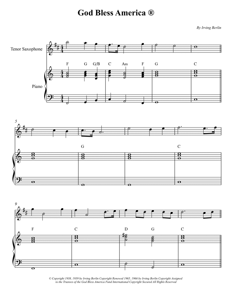 God Bless America ® Tenor Saxophone scores gallery preview page 1