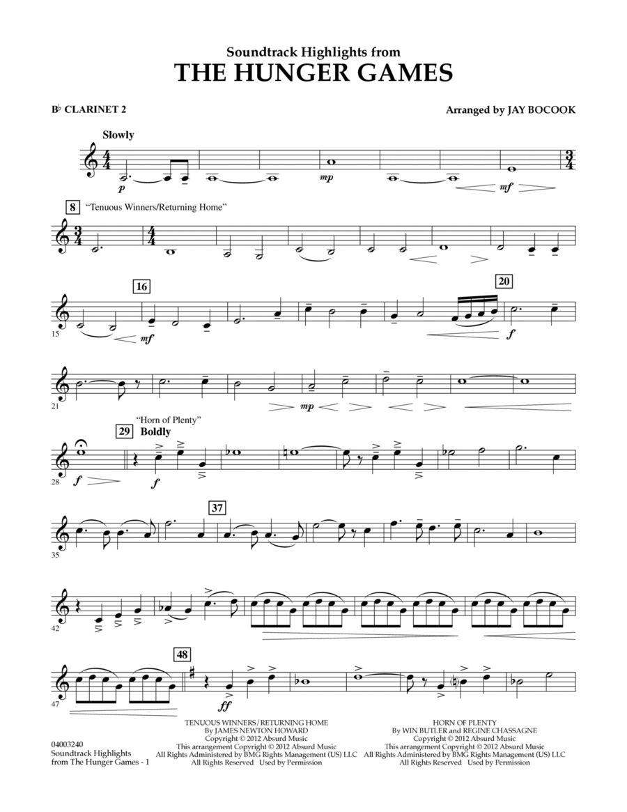 The Hunger Games (Soundtrack Highlights) - Bb Clarinet 2 Concert Band scores gallery preview page 1