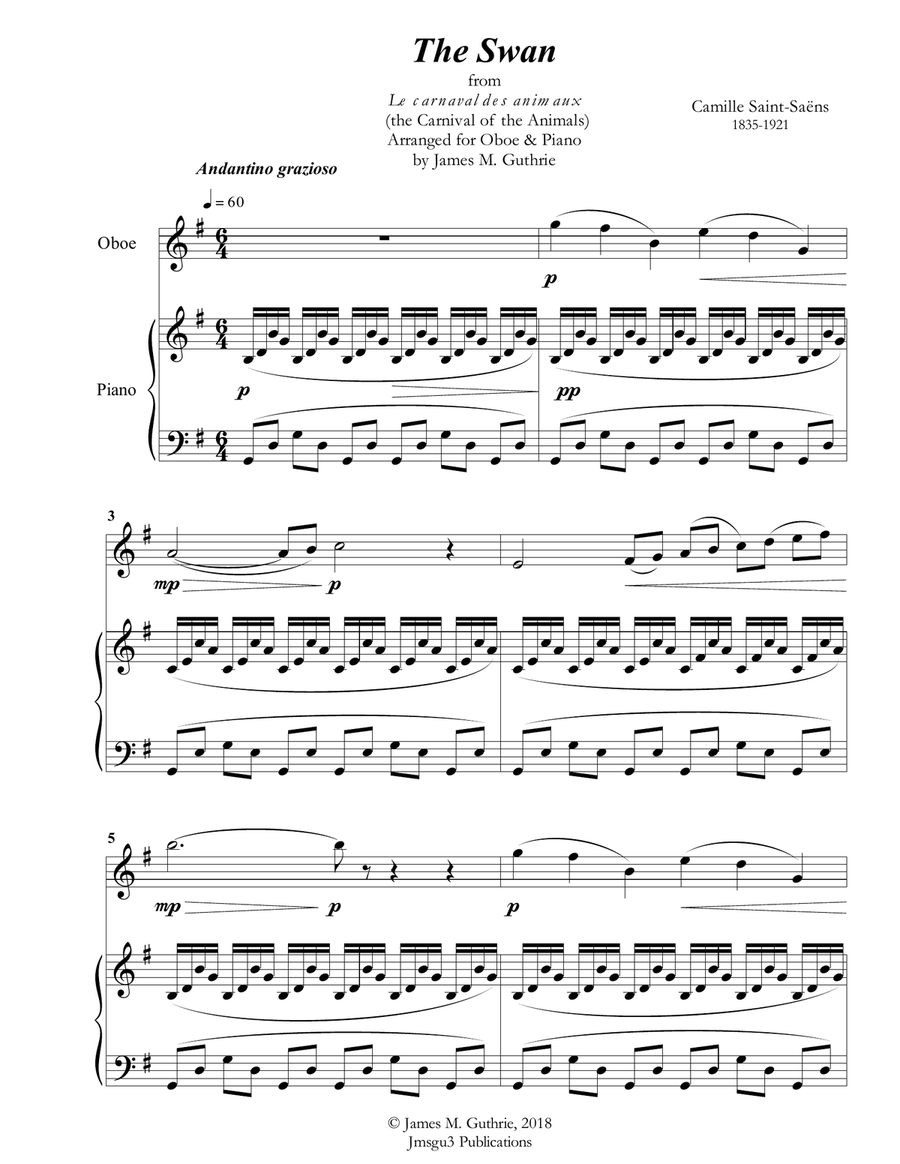 Saint-Saens: The Swan for Oboe & Piano Piano scores gallery preview page 1
