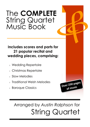 Book cover for COMPLETE String Quartet Music Book - pack of 21 essential pieces: wedding, Christmas, baroque, slow