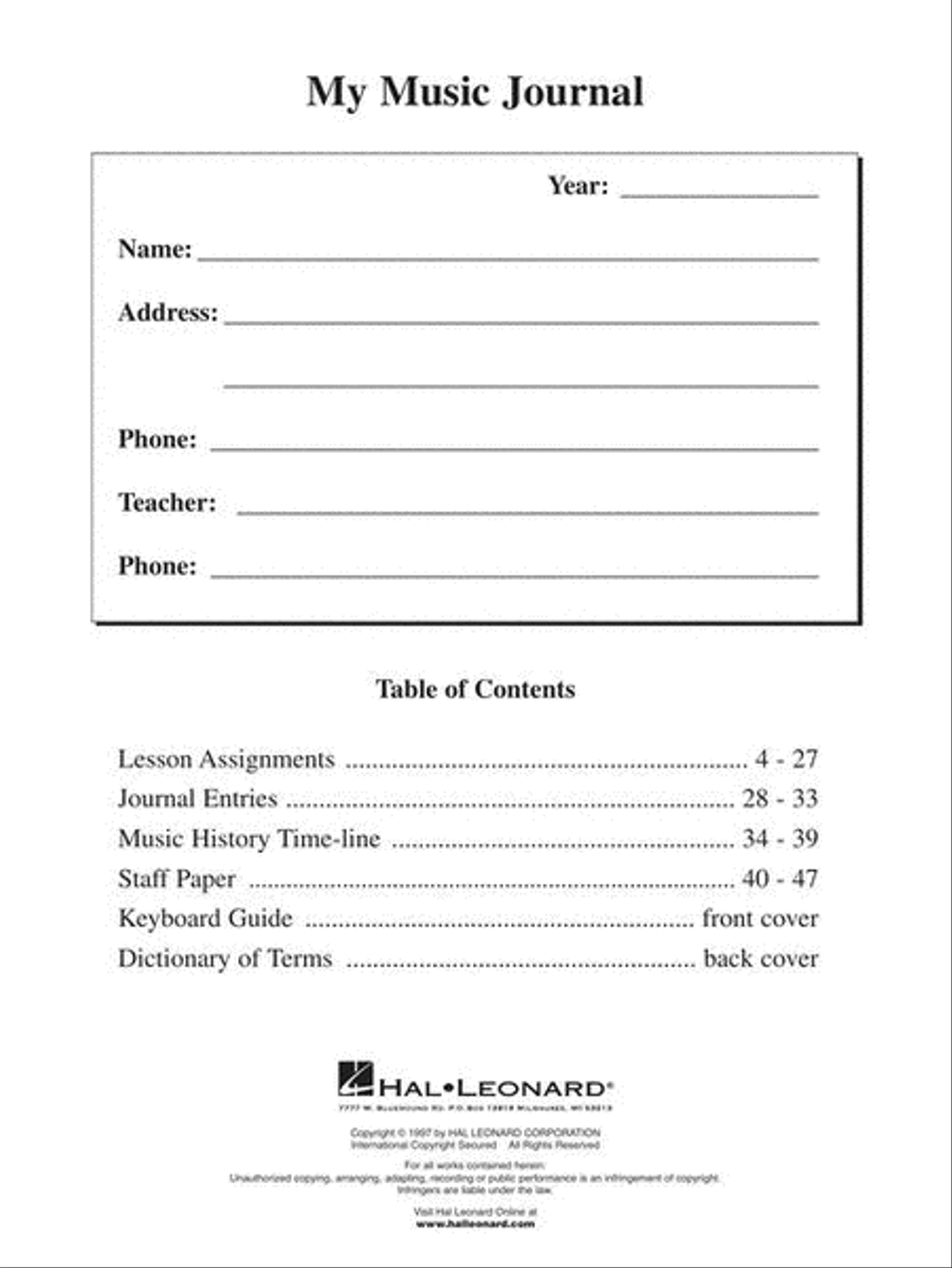 My Music Journal – Student Assignment Book