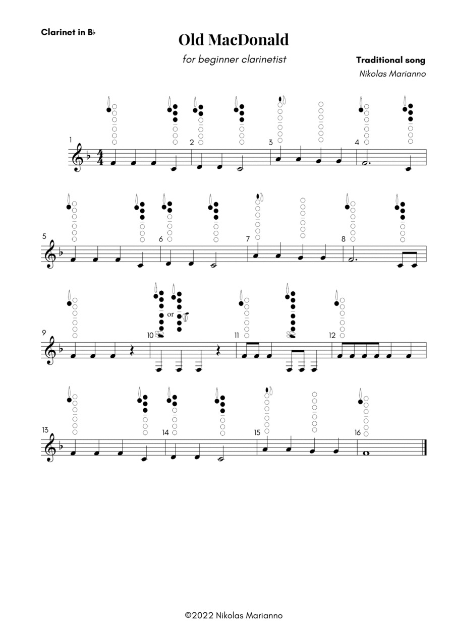Old MacDonald for beginner clarinetist with finger chart B-Flat Clarinet scores gallery preview page 1