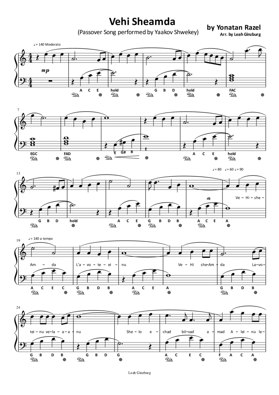 Vehi Sheamda (Passover Song performed by Yaakov Shwekey) Piano Solo scores gallery preview page 1