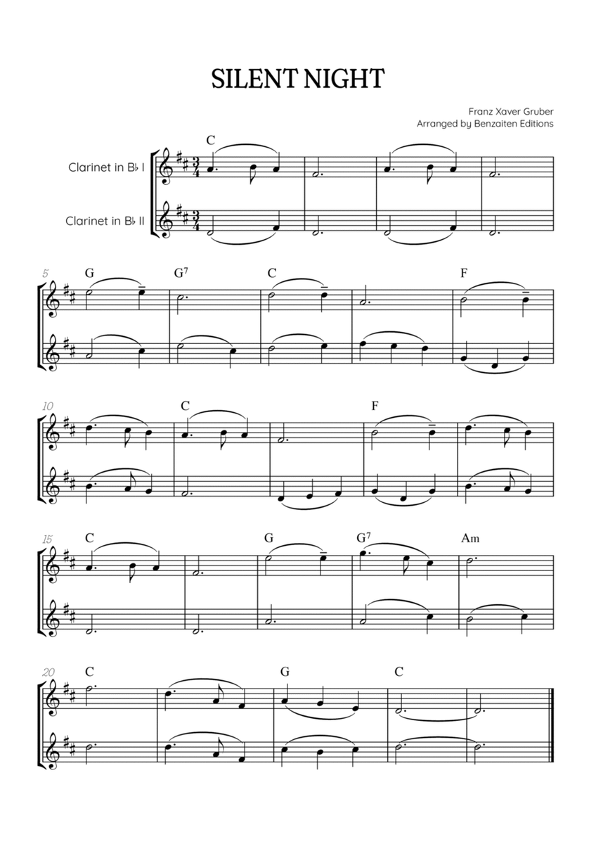 Silent Night for clarinet in Bb duet • easy Christmas song sheet music (w/ chords) image number null