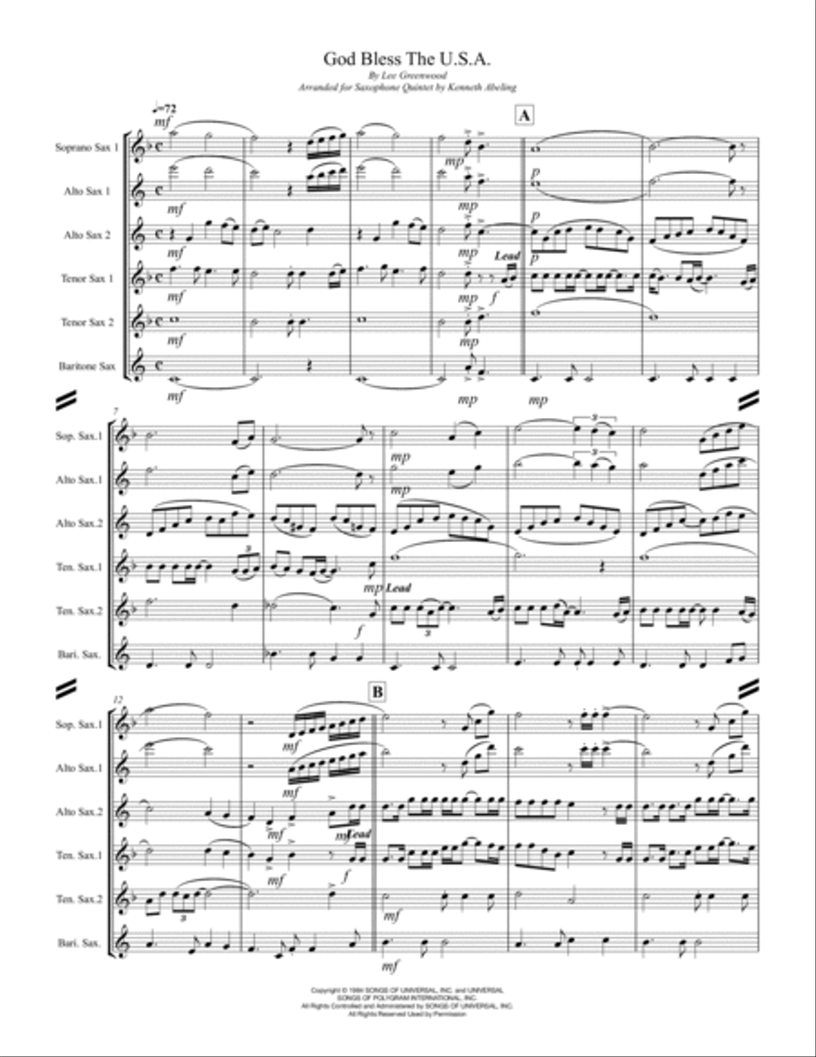 God Bless The U.s.a. Saxophone Quintet scores gallery preview page 2