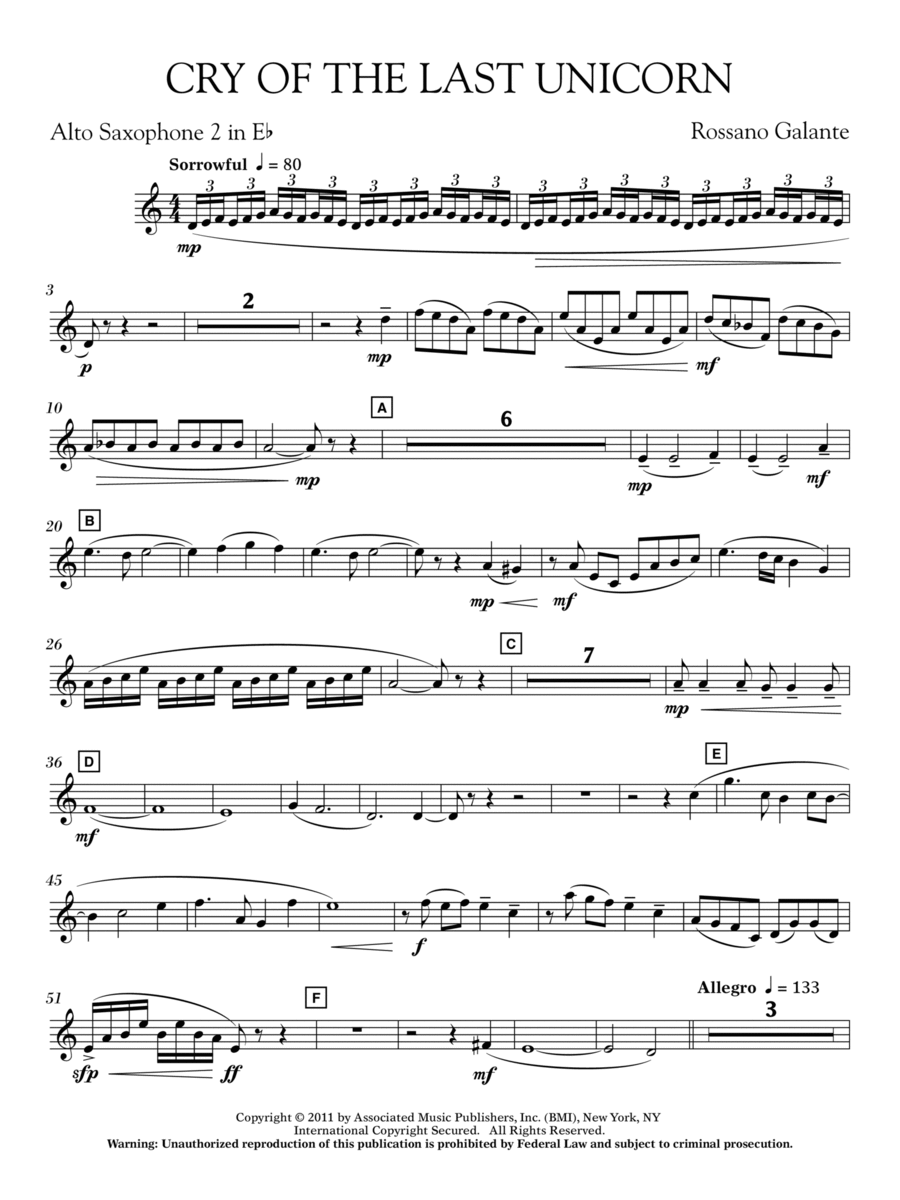 Cry Of The Last Unicorn - Eb Alto Saxophone 2 Concert Band scores gallery preview page 1