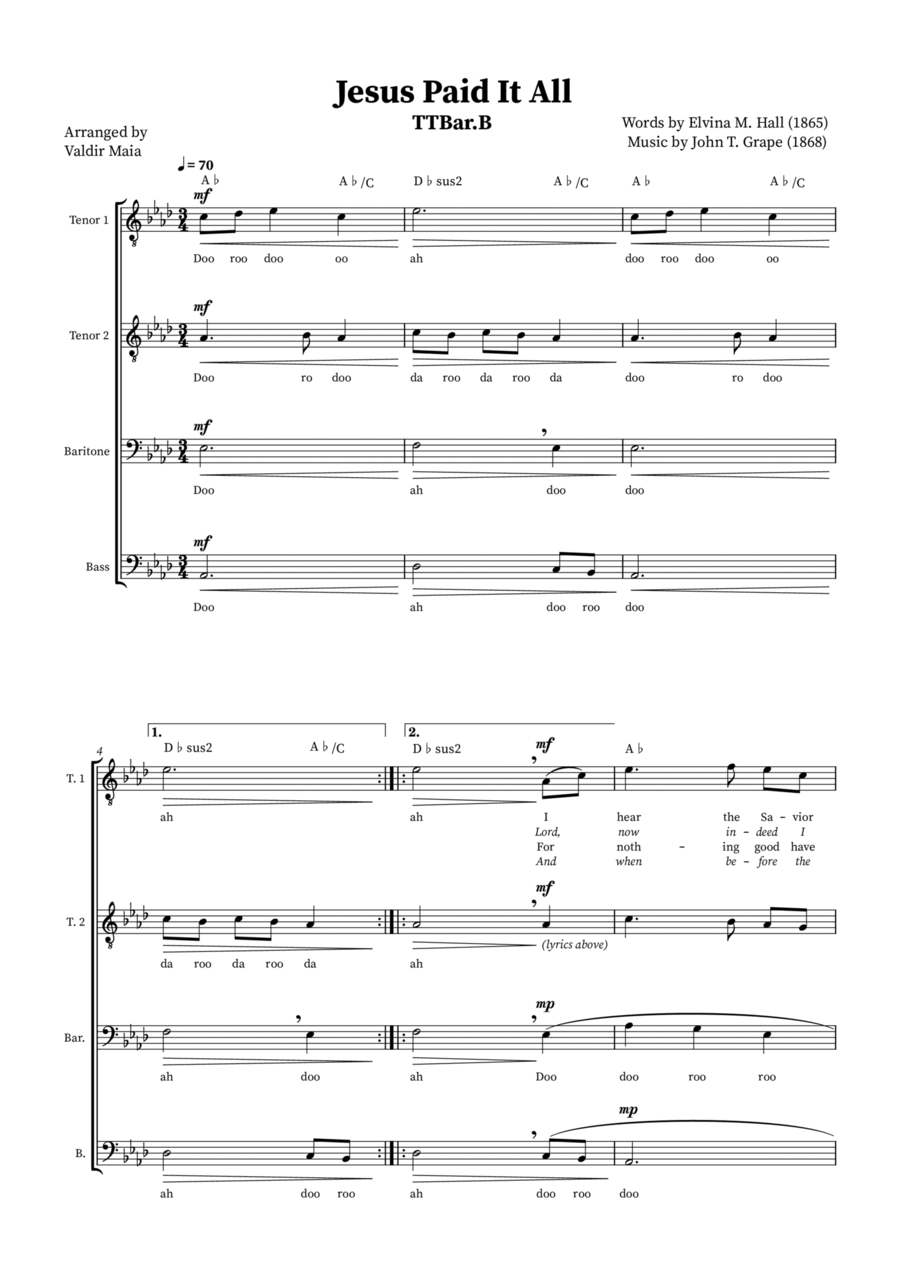 Jesus Paid It All - TTBB Quartet or Choir (+ Chords) TTBB scores gallery preview page 1