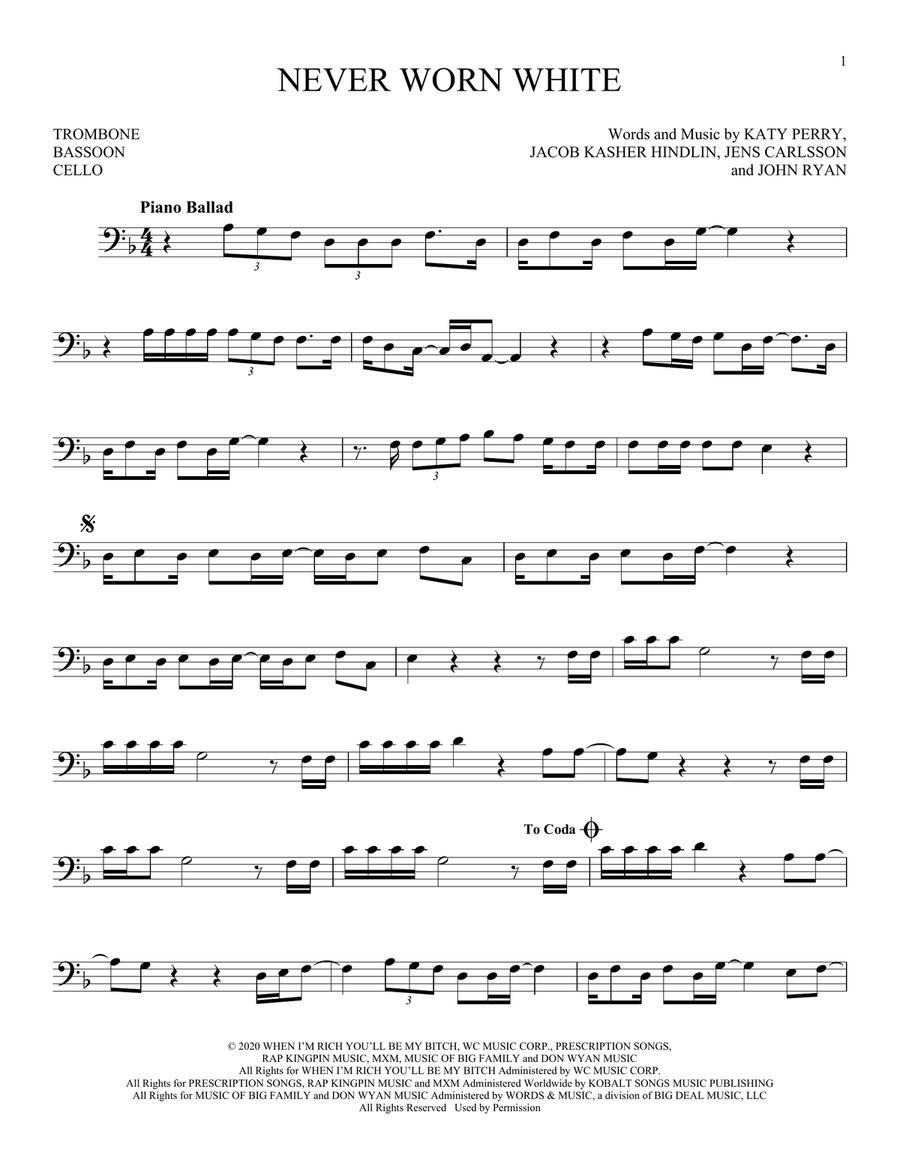 Never Worn White Never Worn White Bass Clef Instrument scores gallery preview page 1