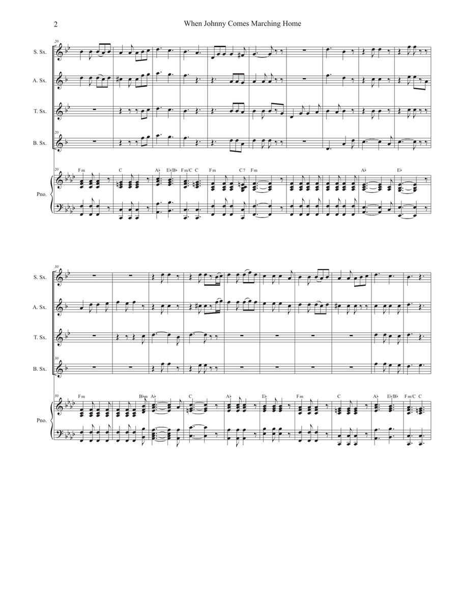 When Johnny Comes Marching Home (Saxophone Quartet and Piano) Woodwind Ensemble scores gallery preview page 2