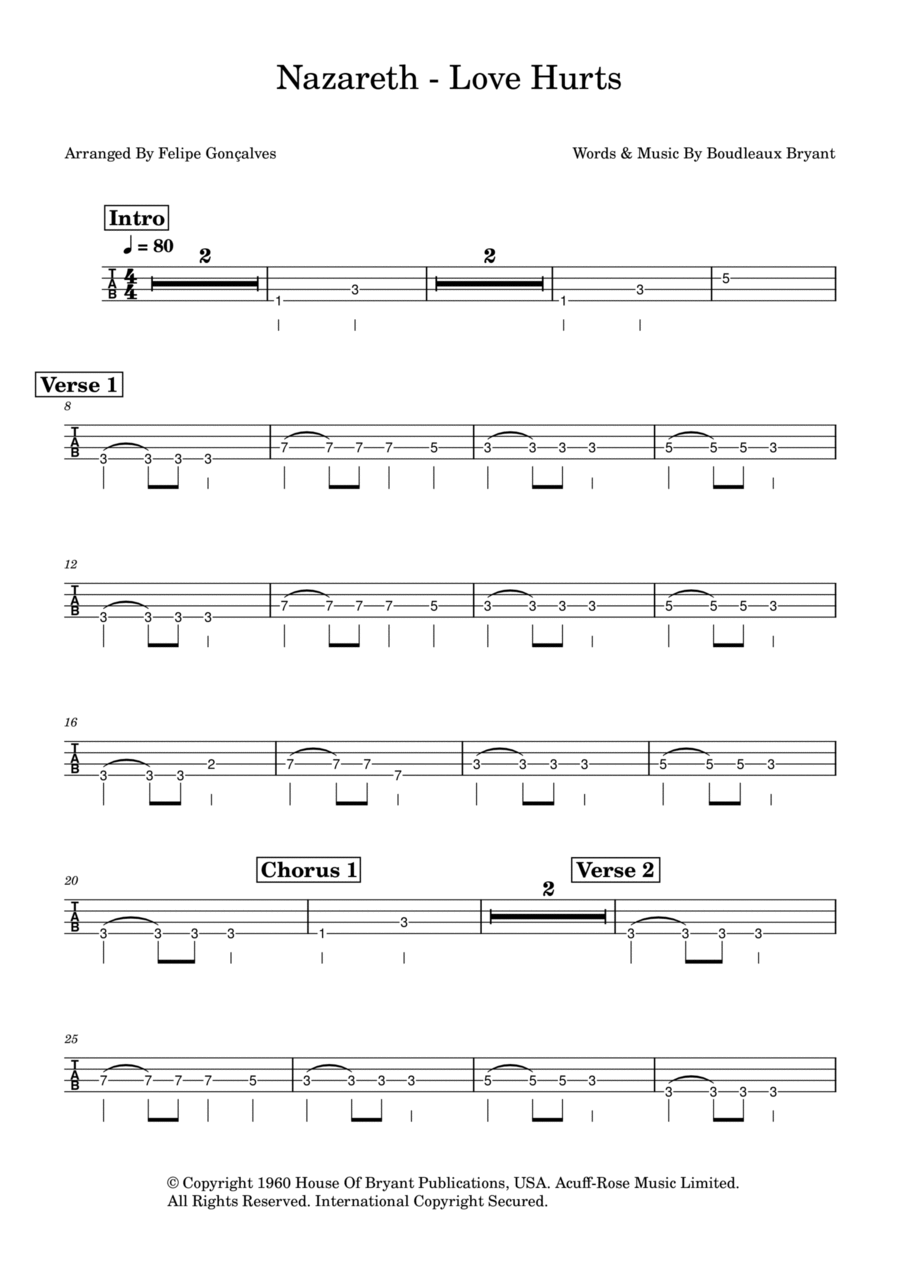 Love Hurts Bass Guitar Tablature scores gallery preview page 1