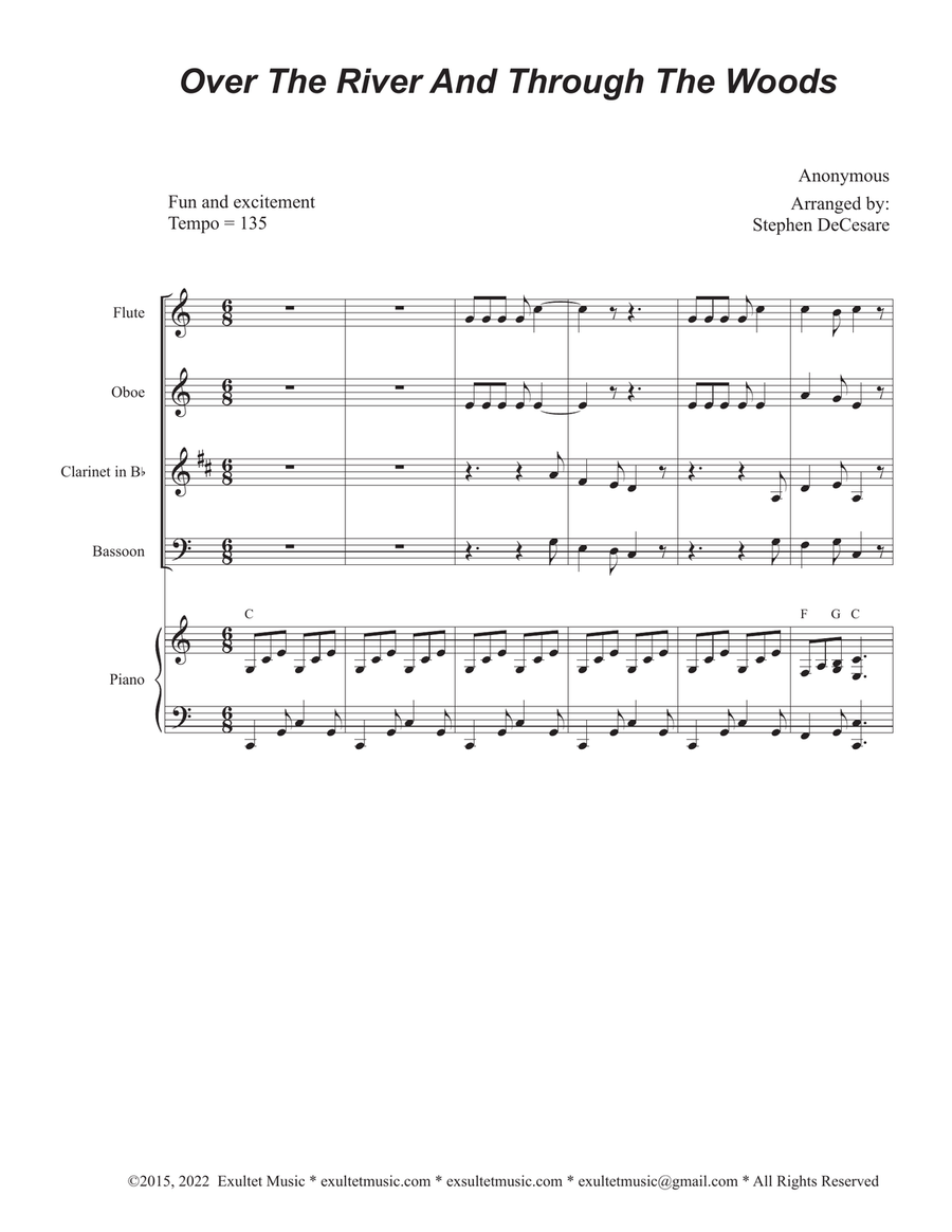 Over The River And Through The Woods (Woodwind Quartet and Piano) Woodwind Quartet scores gallery preview page 1