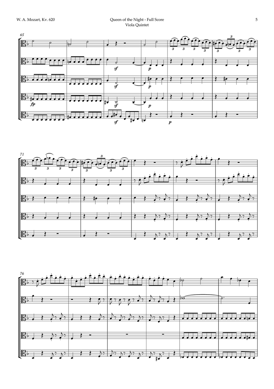 Queen of the Night Aria by Mozart for Viola Quintet String Quintet scores gallery preview page 5