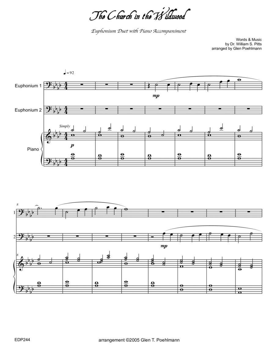 THE CHURCH IN THE WILDWOOD - EUPHONIUM/TROMBONE DUET with Piano Accompaniment Brass Duet scores gallery preview page 1
