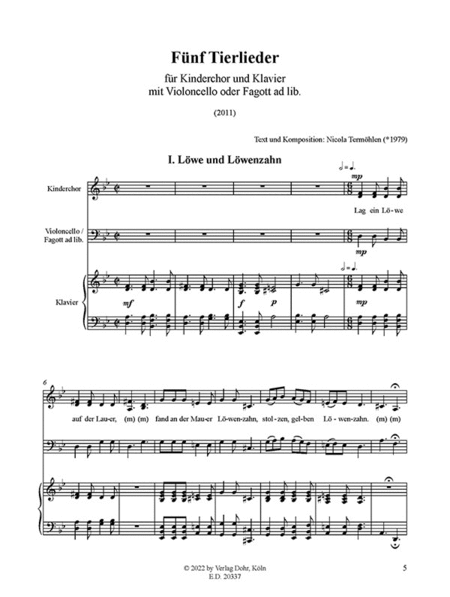 Fünf Tierlieder für Kinderchor und Klavier mit Violoncello oder Fagott ad lib. (2012)