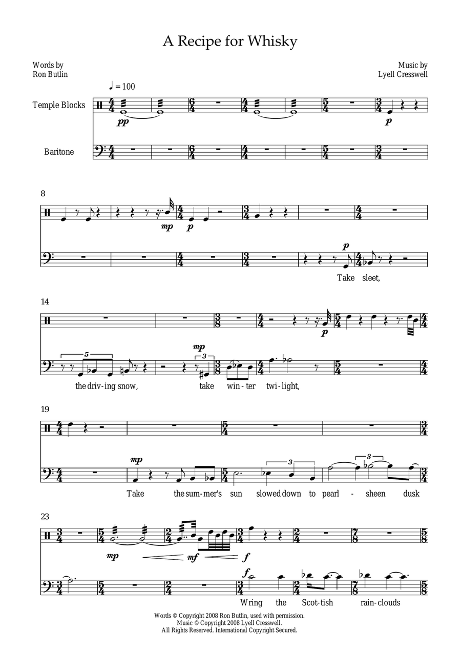 A Recipe for Whisky (for baritone and temple blocks) Piano, Vocal scores gallery preview page 1