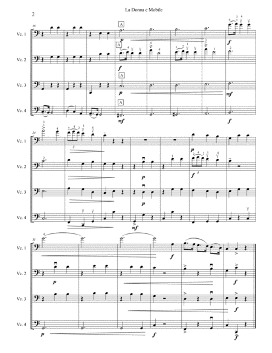 La Donna E Mobile from Rigoletto arranged for four beginner cellos (cello quartet) Cello scores gallery preview page 2