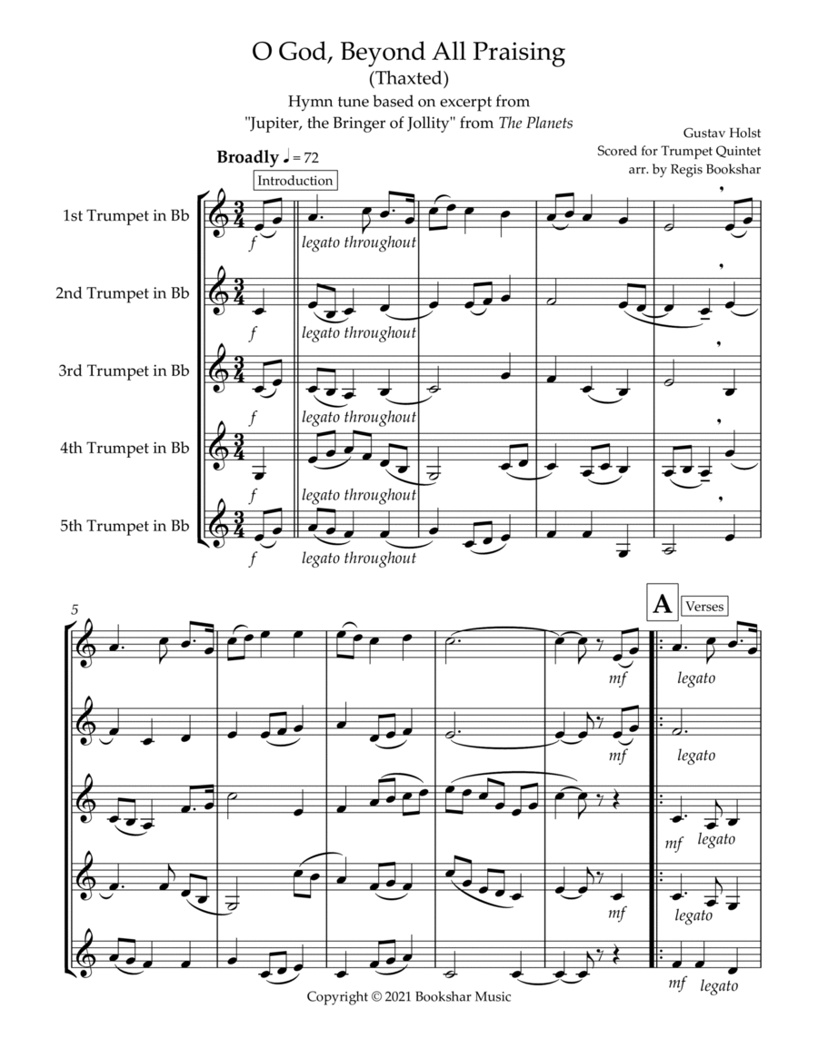 O God, Beyond All Praising (Thaxted) (Bb) (Trumpet Quintet) Brass Ensemble scores gallery preview page 1