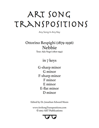 Book cover for RESPIGHI: Nebbie (transposed to 7 keys: G-sharp, G, F-sharp, F, E, E-flat, D minor)