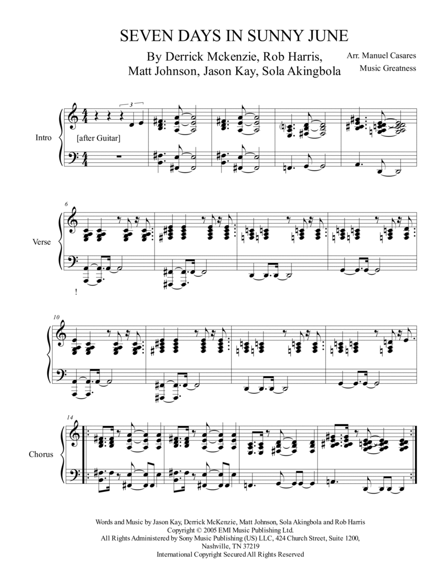 7 Sunny Days In June (seven Days In Sunny June) Piano Solo scores gallery preview page 1