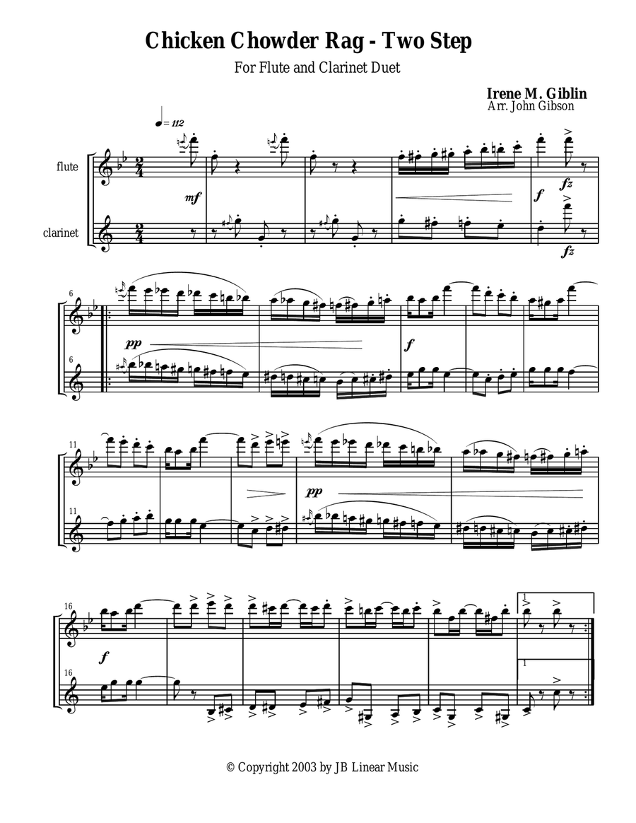 Chicken Chowder Rag by Irene Giblin for flute and clarinet duet Woodwind Duet scores gallery preview page 1