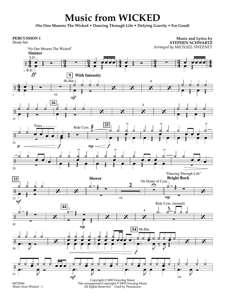 Music from Wicked (arr. Michael Sweeney) - Percussion 1 Concert Band scores gallery preview page 1