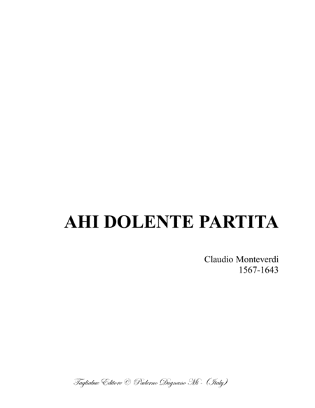 AHI DOLENTE PARTITA - Monteverdi - For SSATB Choir image number null